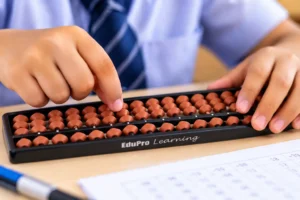 Child’s hands moving beads on an abacus to learn abacus maths