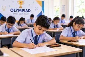 Children solving sums on abacus frames during an Abacus Olympiad practice session
