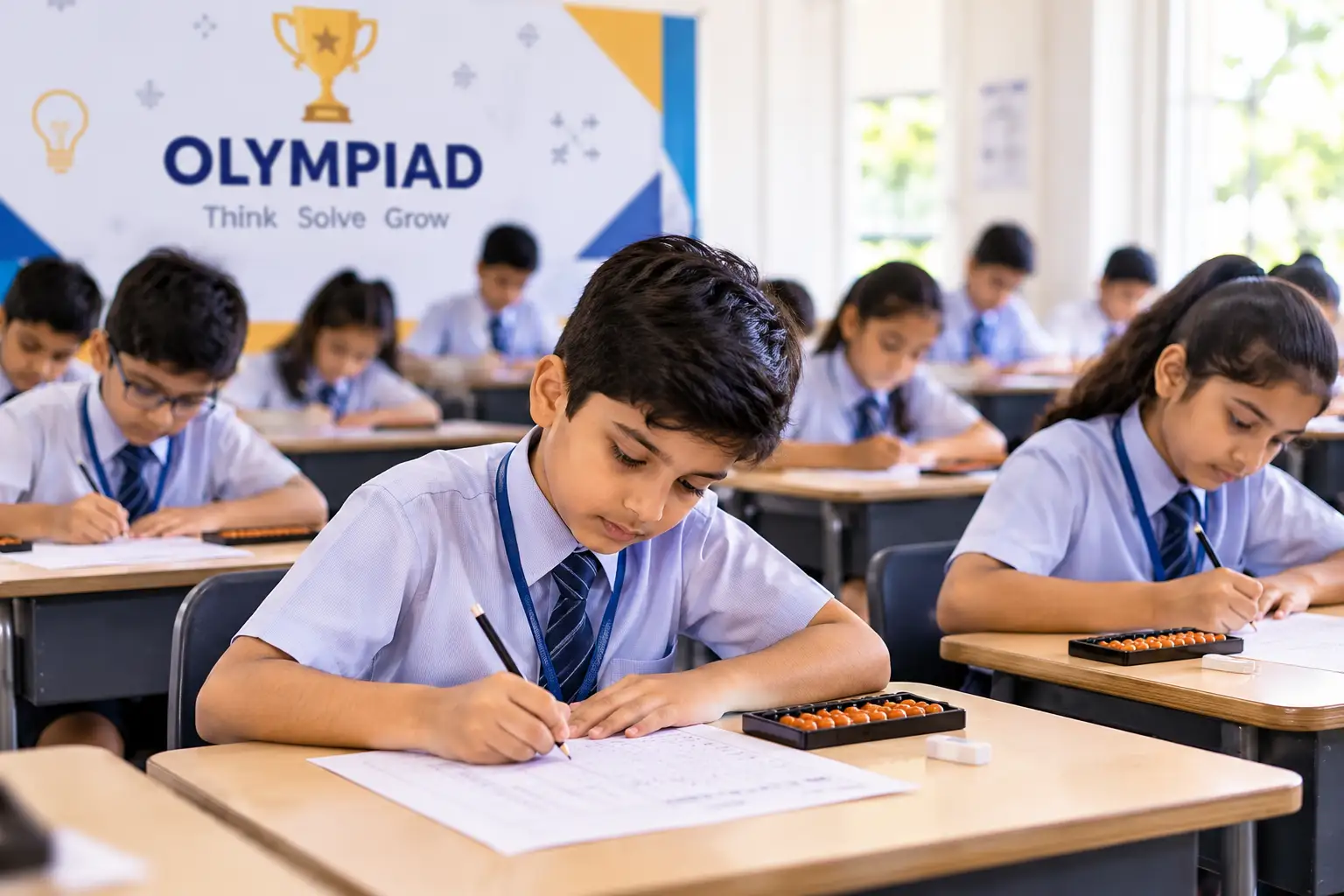 Children solving sums on abacus frames during an Abacus Olympiad practice session