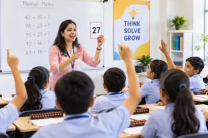 Teacher leading a mental arithmetic flash-card game in class